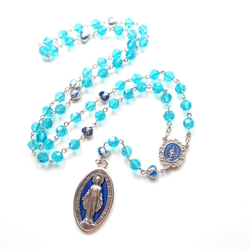 christiandiscipleshop Miraculous Medal of 8 mm Round Blue Glass Cystal Alloy Chain Rosary