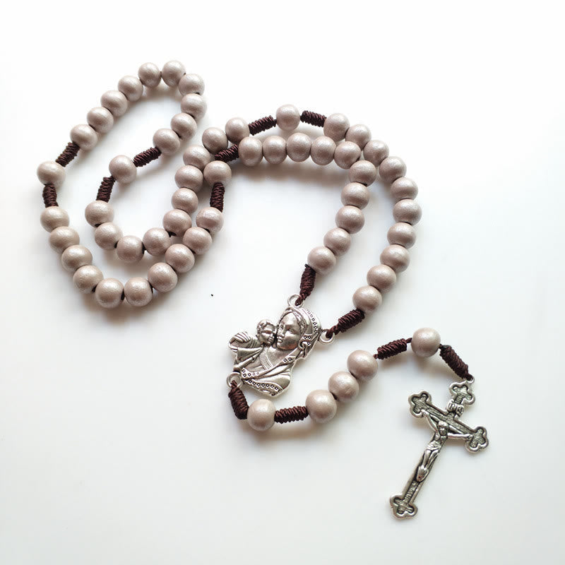 christiandiscipleshop Madonna and Child & Crucifix of 10 mm Round Brown Wood Nylon Cord Rosary