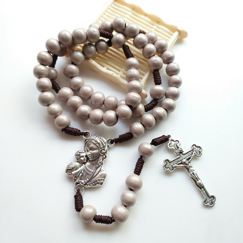 christiandiscipleshop Madonna and Child & Crucifix of 10 mm Round Brown Wood Nylon Cord Rosary