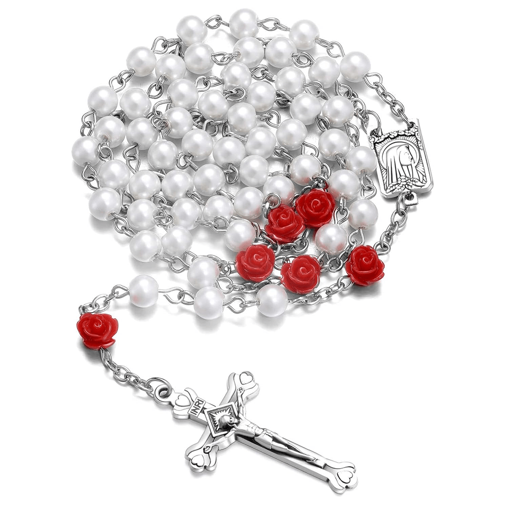christiandiscipleshop Madonna in Profile & Crucifix of 6 mm Rose Round Multicolor Pearl Alloy Chain Rosary(8 colors)