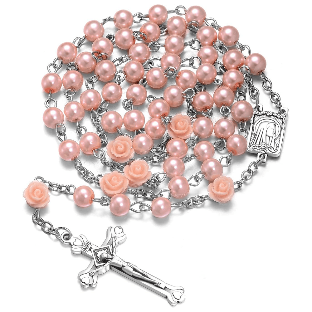 christiandiscipleshop Madonna in Profile & Crucifix of 6 mm Rose Round Multicolor Pearl Alloy Chain Rosary(8 colors)