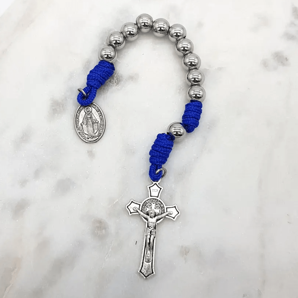 christiandiscipleshop Miraculous Medal & Crucifix of 8 mm Round Silver Stainless Steel Blue Paracord Pocket Rosary