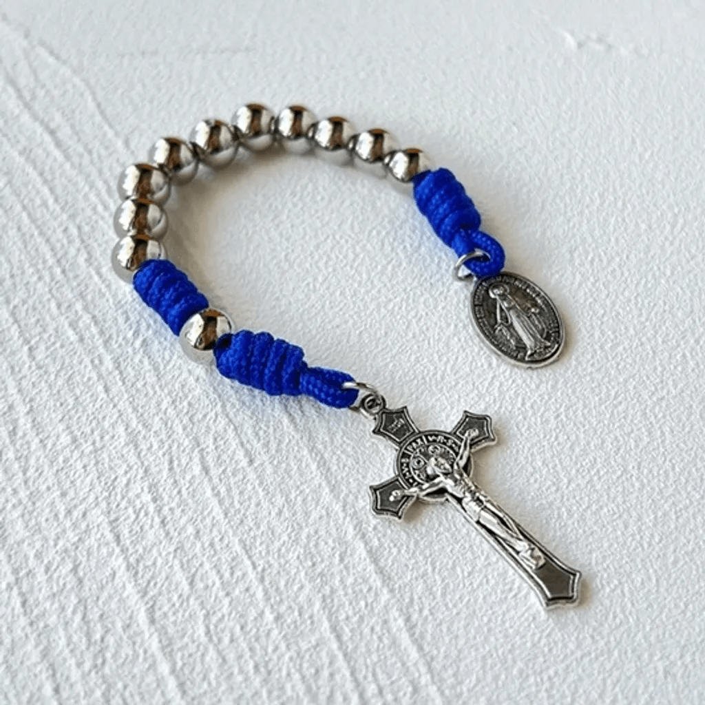 christiandiscipleshop Miraculous Medal & Crucifix of 8 mm Round Silver Stainless Steel Blue Paracord Pocket Rosary