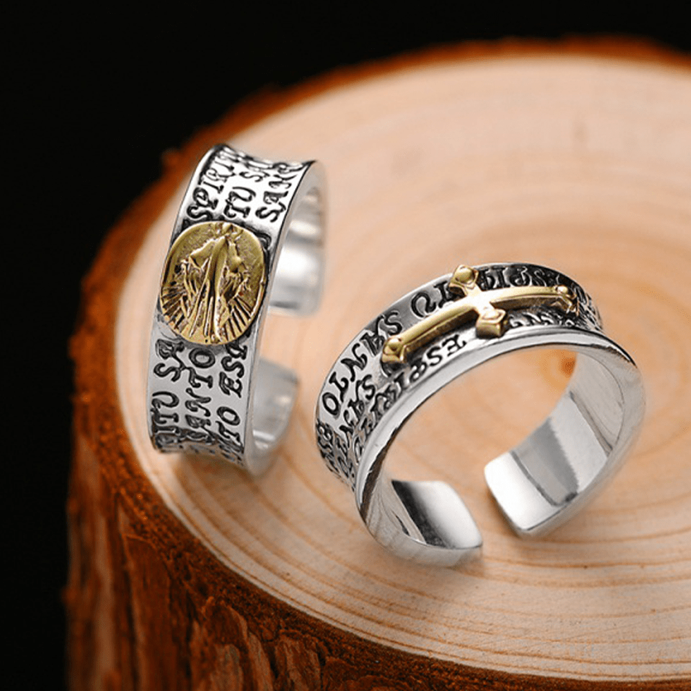 Christiandiscipleshop Retro Style Two-tone Gold Miraculous Medal Blessing Mary Alloy Adjustable Ring
