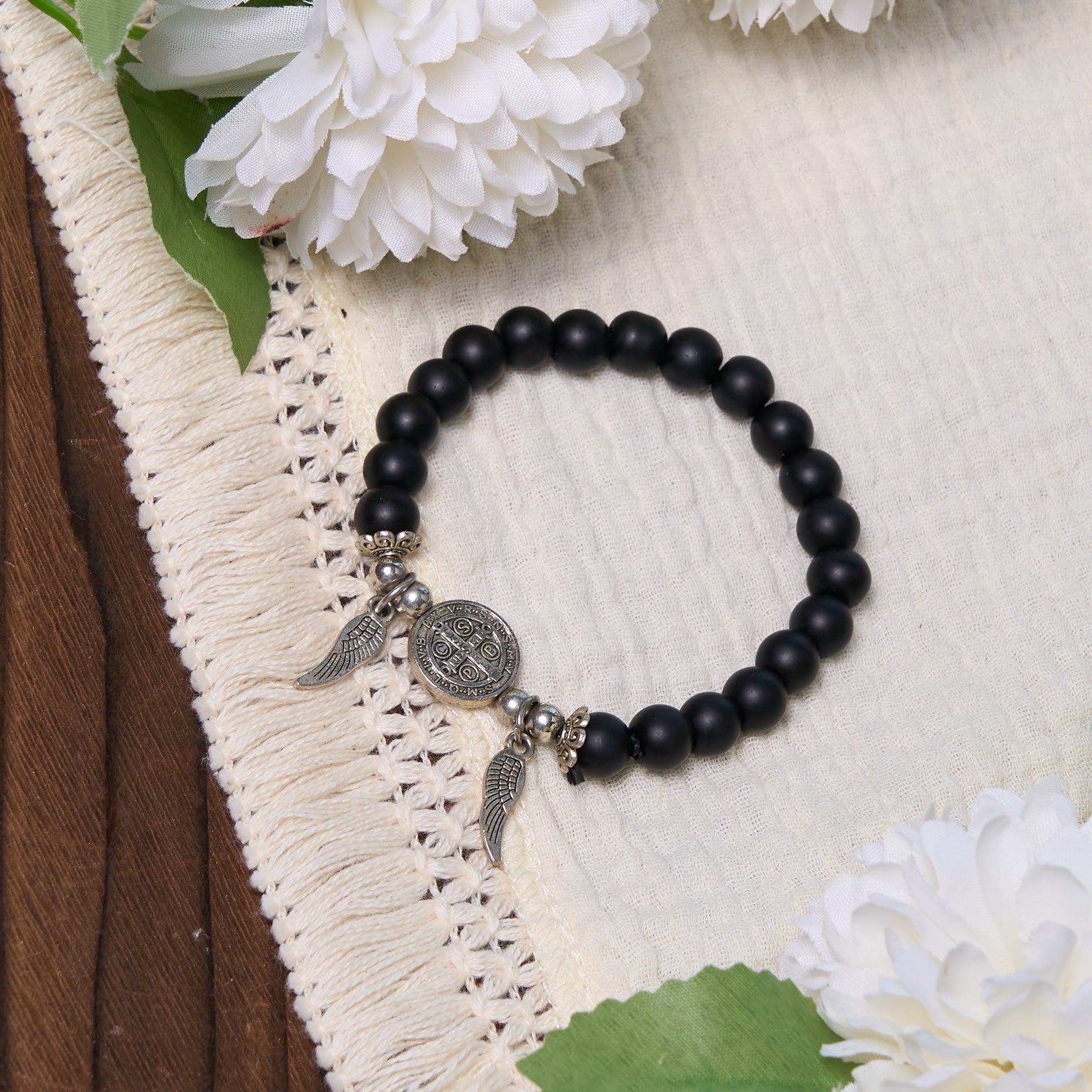 Christiandiscipleshop Ebony Beads St. Benedict Medal & Angel Wings Protection Bracelet
