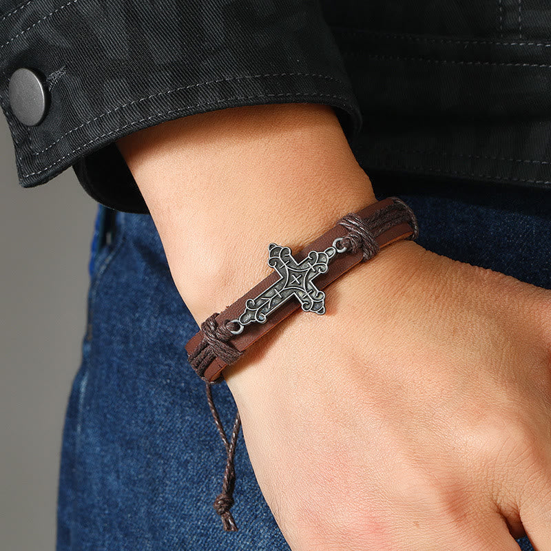 Christiandiscipleshop Old Crafted Style Cross Pendant Leather Drawstring Adjustable Faithful Bound Bracelet