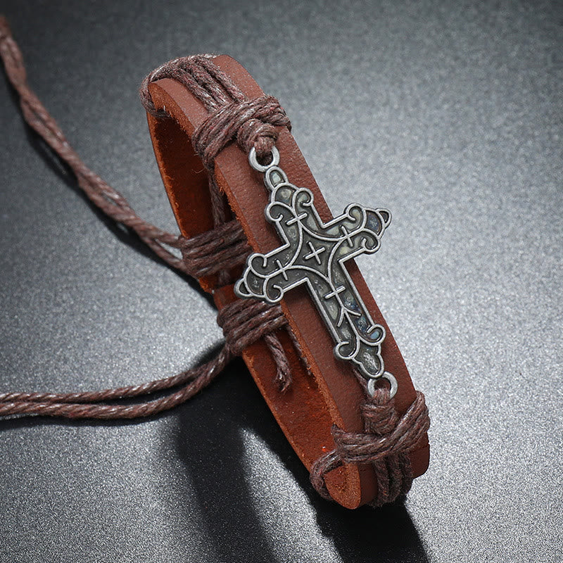 Christiandiscipleshop Old Crafted Style Cross Pendant Leather Drawstring Adjustable Faithful Bound Bracelet