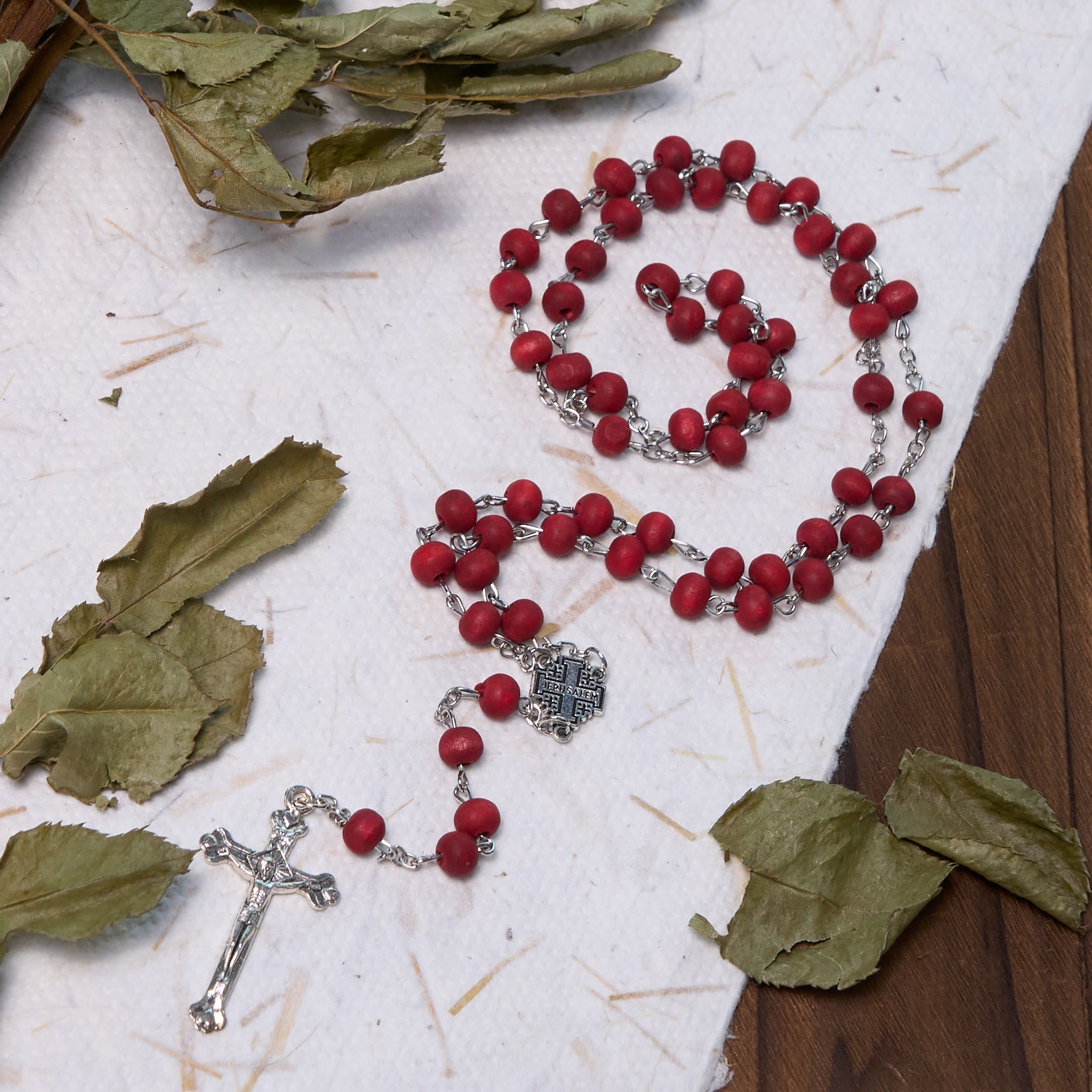 christiandiscipleshop Jerusalem Medal & Crucifix of 7 mm Round White Rosewood Alloy Chain Rosary