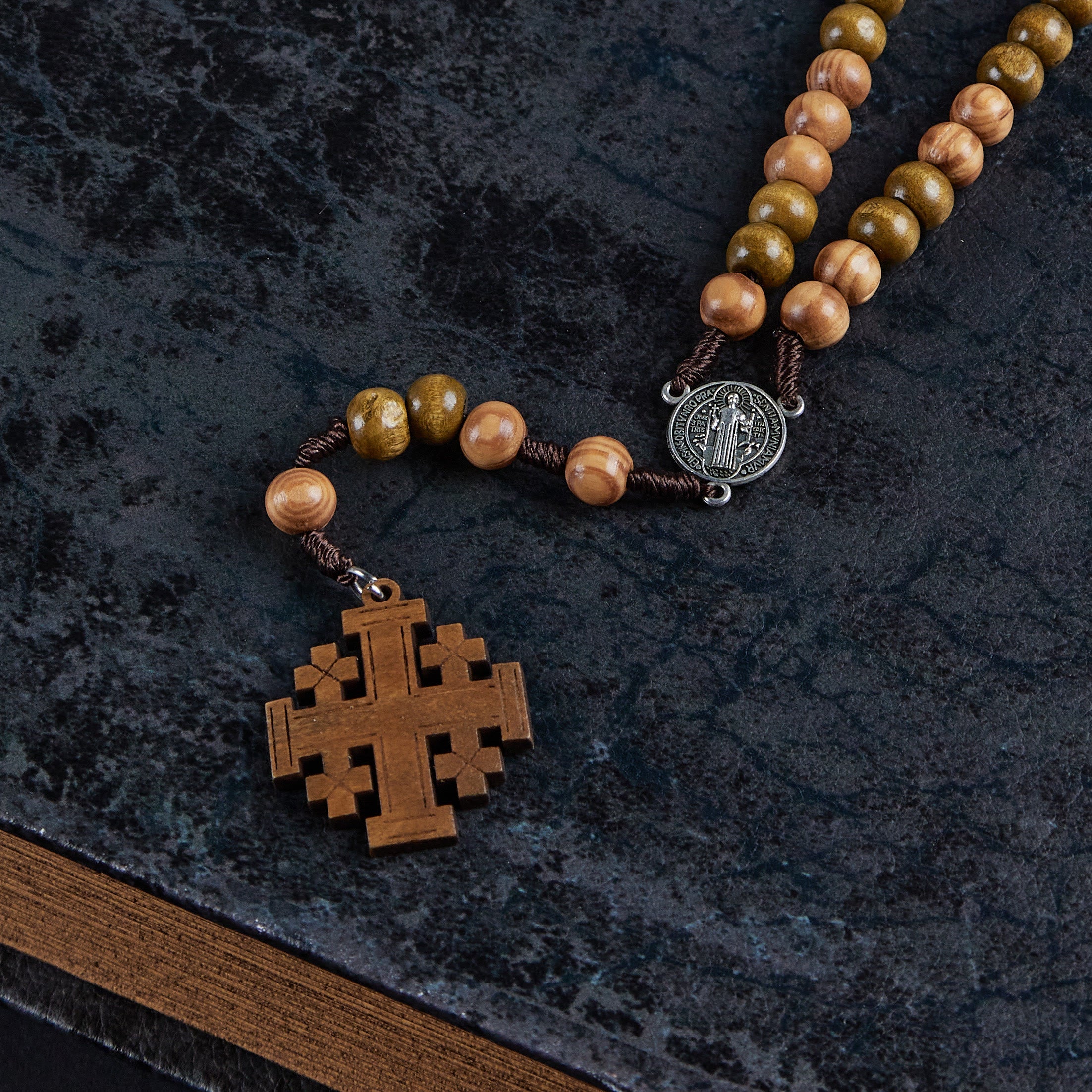 Christiandiscipleshop St. Benedict Medal & Jerusalem of 10 mm Round Brown Wood Nylon Cord Rosary