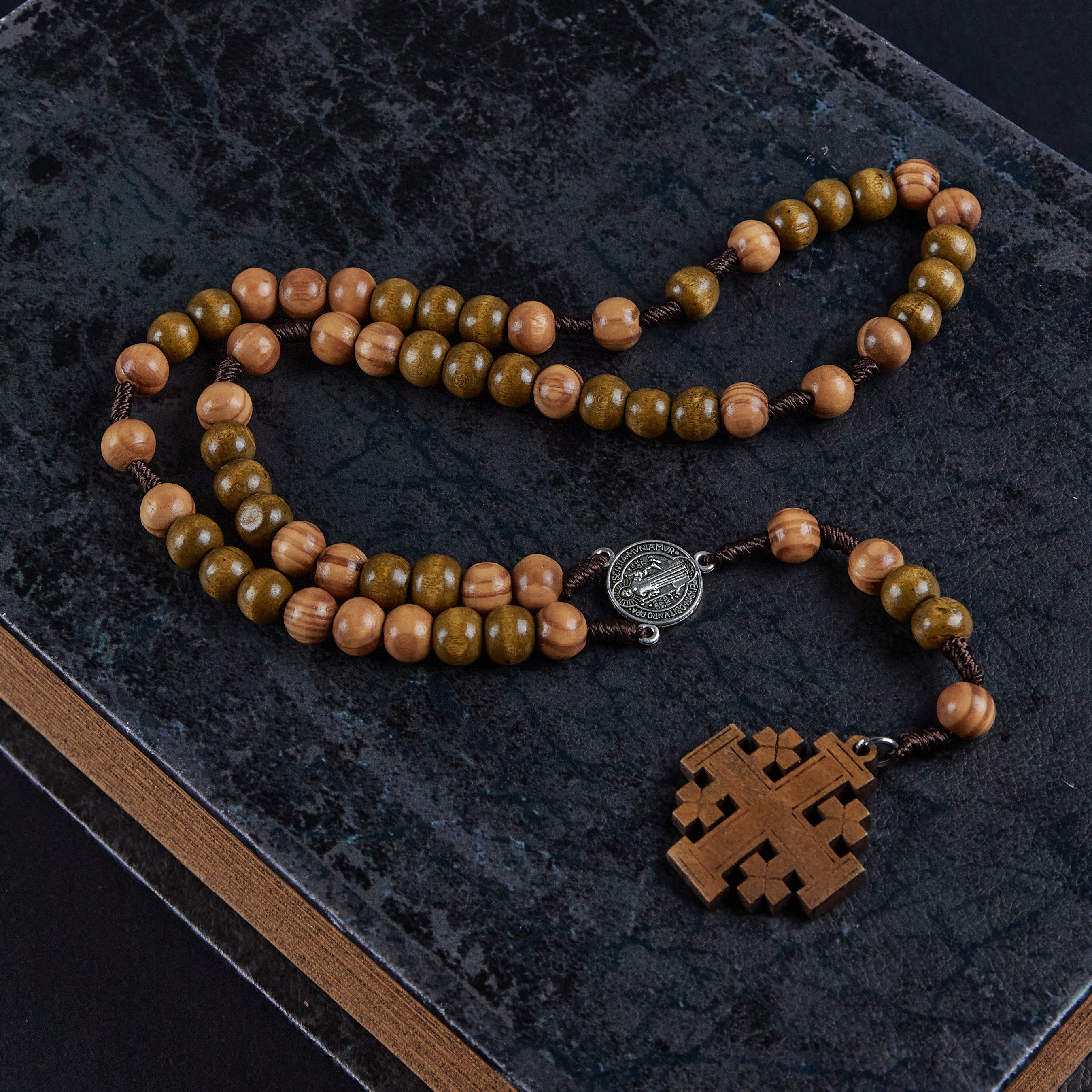 Christiandiscipleshop St. Benedict Medal & Jerusalem of 10 mm Round Brown Wood Nylon Cord Rosary