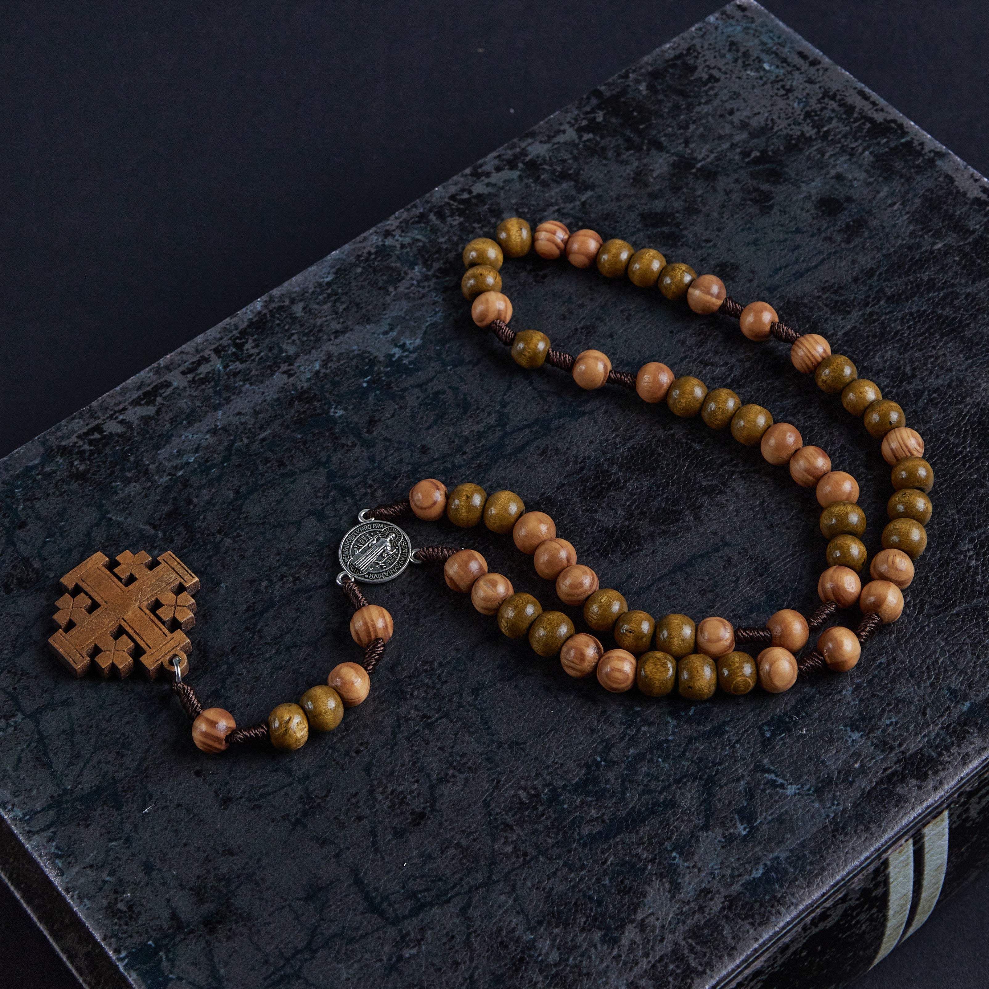 Christiandiscipleshop St. Benedict Medal & Jerusalem of 10 mm Round Brown Wood Nylon Cord Rosary