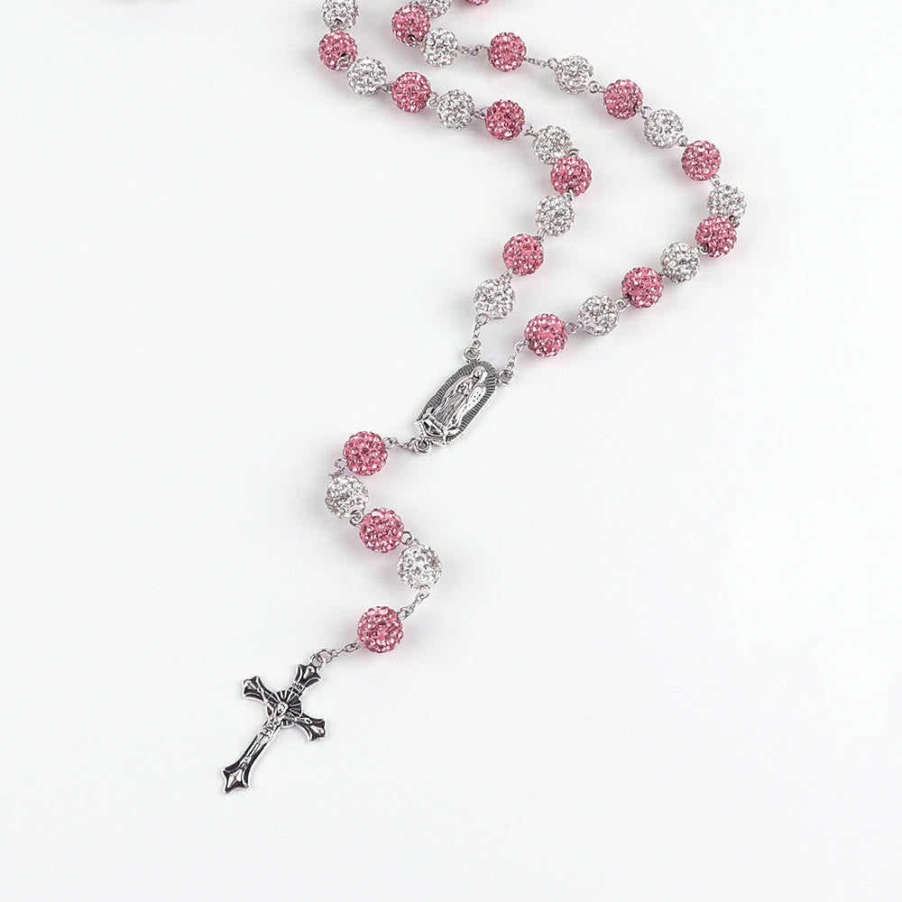 Christiandiscipleshop Our Lady of Guadalupe & Crucifix of 10 mm Round Pink White Polymer Clay Alloy Chain Rosary