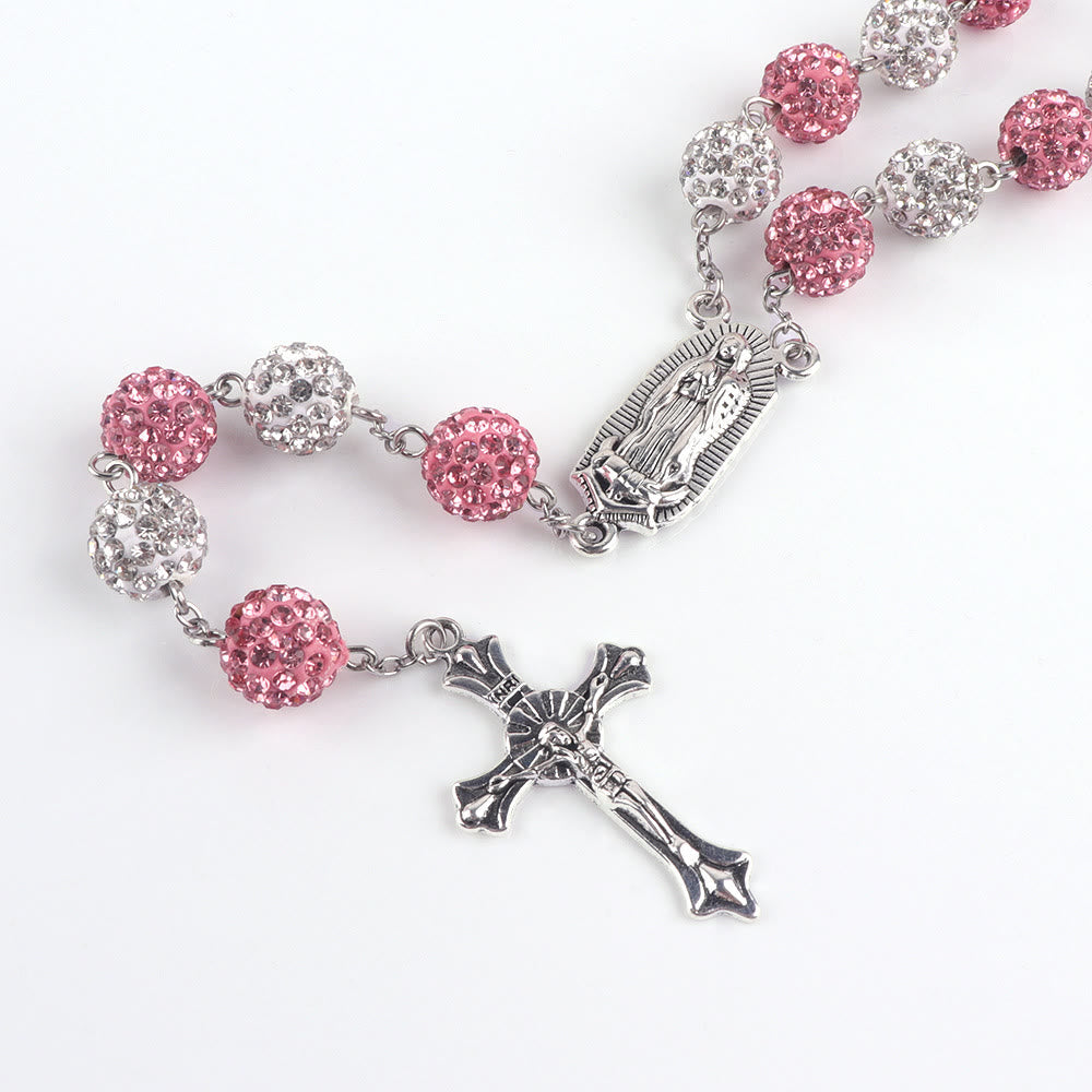 Christiandiscipleshop Our Lady of Guadalupe & Crucifix of 10 mm Round Pink White Polymer Clay Alloy Chain Rosary