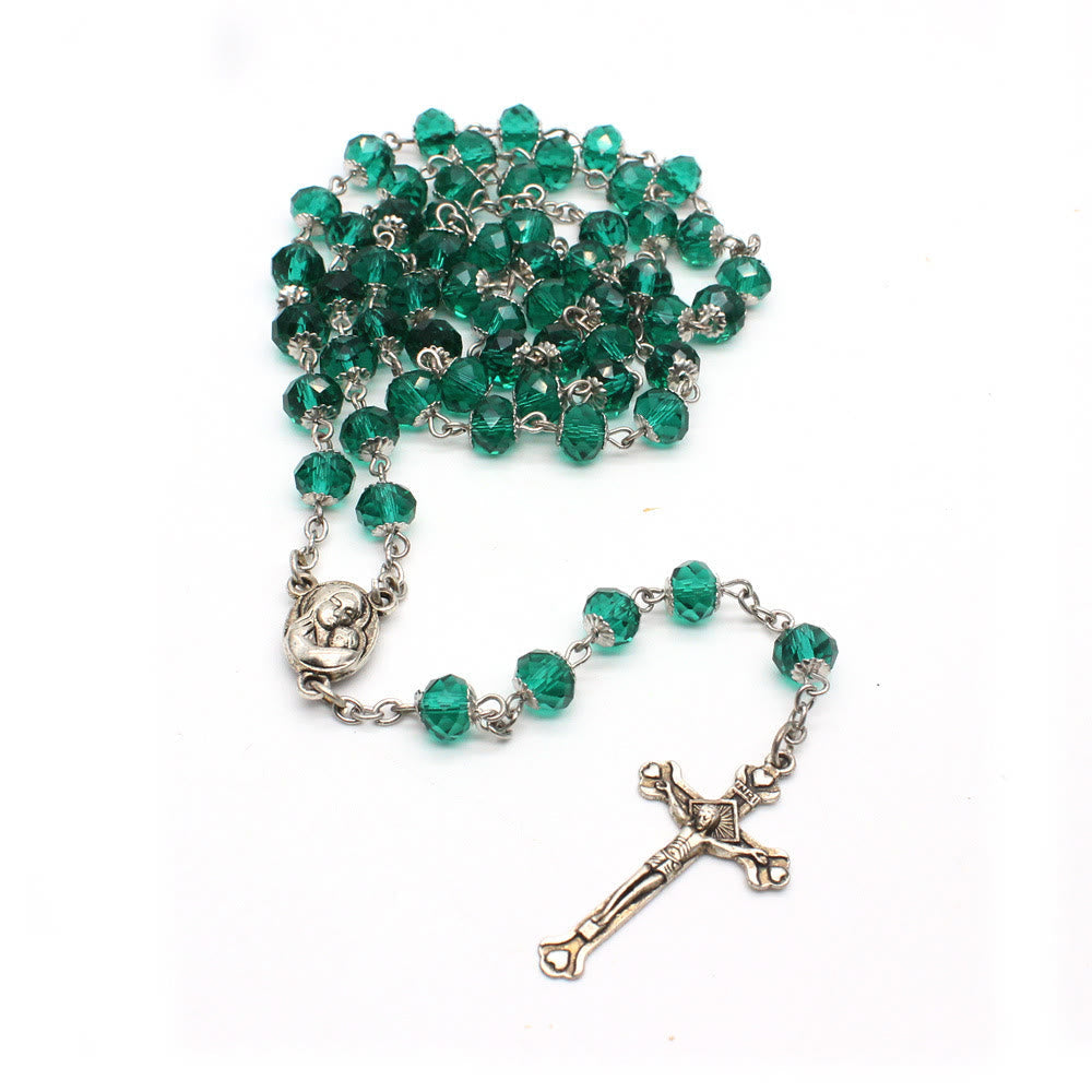 christiandiscipleshop Madonna and Child & Crucifix of 6*8 mm Polyhedron Multicolor Glass Alloy Chain Rosary