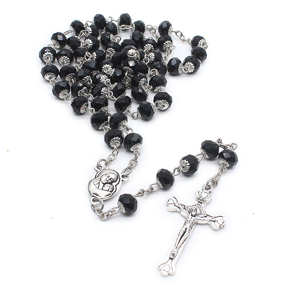 christiandiscipleshop Madonna and Child & Crucifix of 6*8 mm Polyhedron Multicolor Glass Alloy Chain Rosary