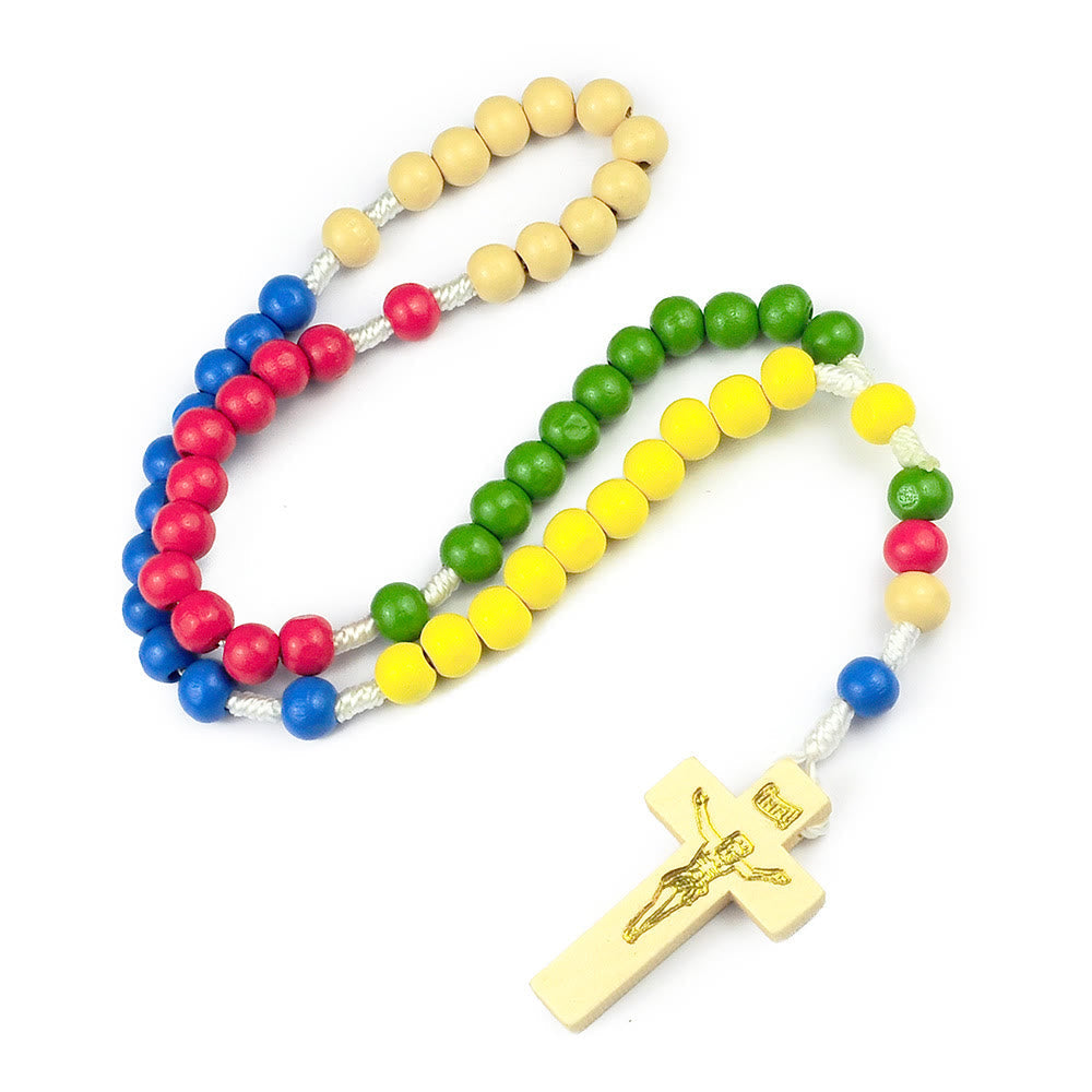 Christiandiscipleshop Crucifix of 7*8 mm Round Multicolor Wood Nylon Cord Rosary
