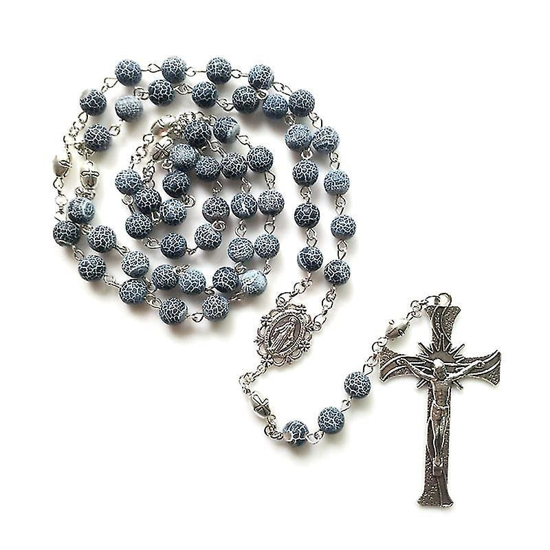 christiandiscipleshop Miraculous Medal & Crucifix of 8 mm Round Blue Weathered Agate Alloy Chain Rosary
