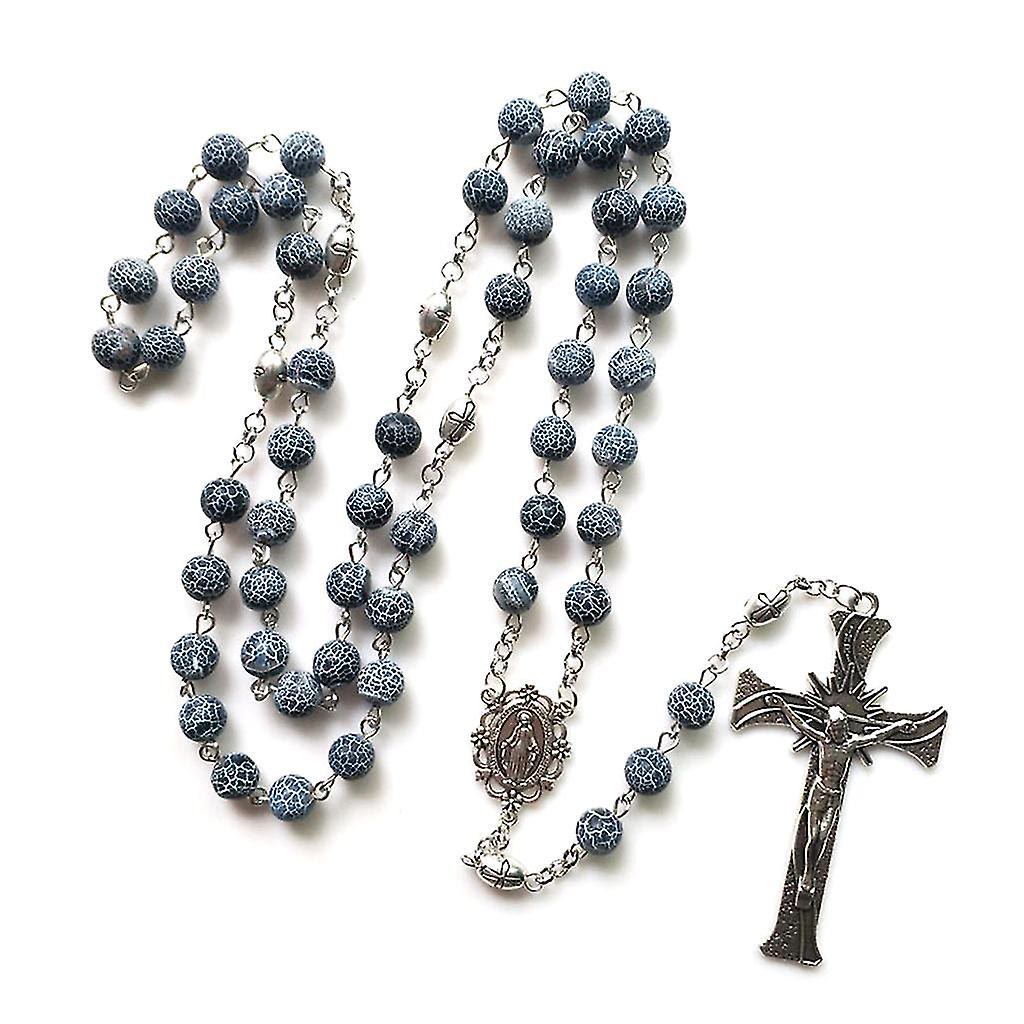 christiandiscipleshop Miraculous Medal & Crucifix of 8 mm Round Blue Weathered Agate Alloy Chain Rosary