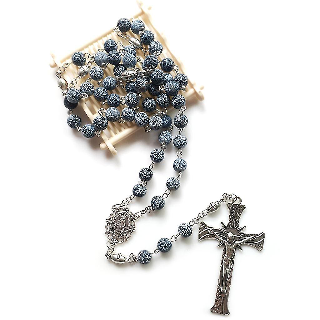 christiandiscipleshop Miraculous Medal & Crucifix of 8 mm Round Blue Weathered Agate Alloy Chain Rosary