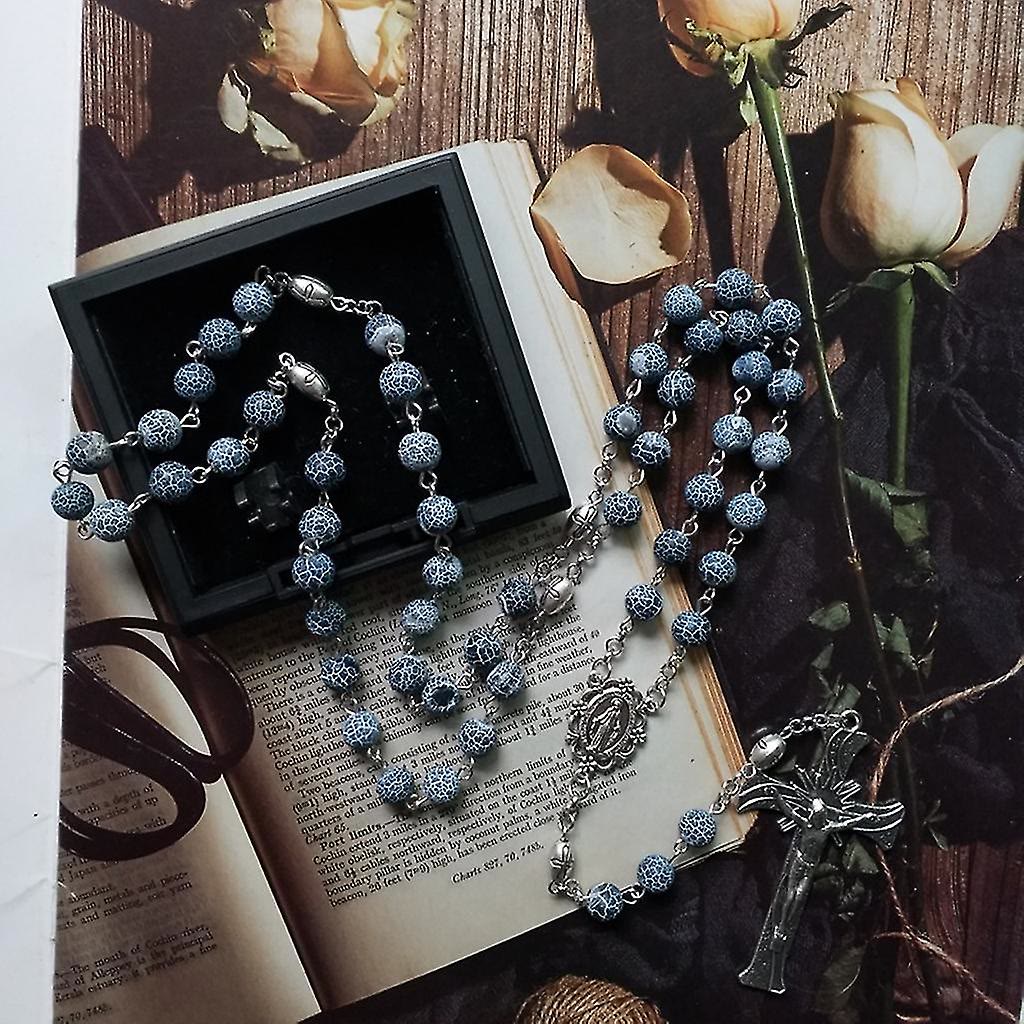 christiandiscipleshop Miraculous Medal & Crucifix of 8 mm Round Blue Weathered Agate Alloy Chain Rosary