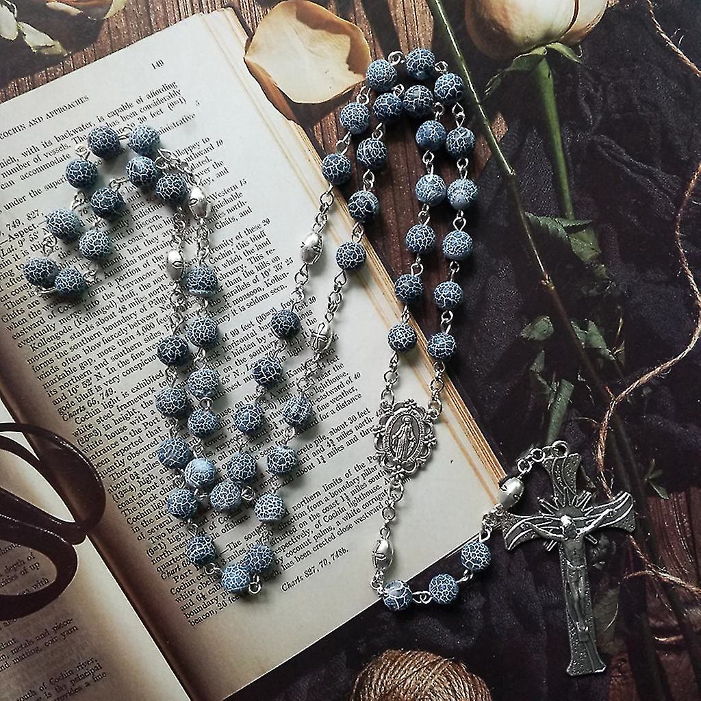 christiandiscipleshop Miraculous Medal & Crucifix of 8 mm Round Blue Weathered Agate Alloy Chain Rosary