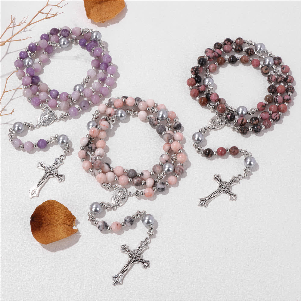 Christiandiscipleshop Natural Stone & Pearl Miraculous Medal Prayer Rosary