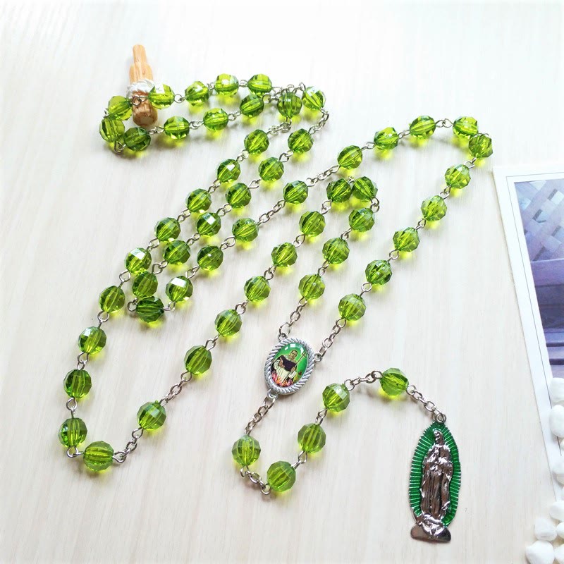 Christiandiscipleshop Saint Jude Thaddeus & Our Lady of Guadalupe of 8 mm Polyhedron Green Crystal Alloy Chain Rosary