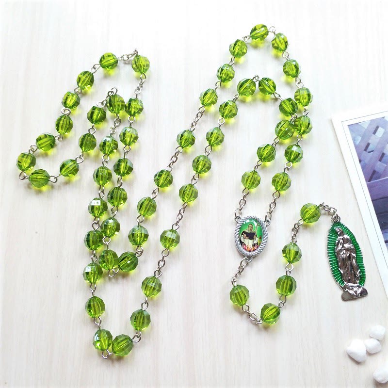 Christiandiscipleshop Saint Jude Thaddeus & Our Lady of Guadalupe of 8 mm Polyhedron Green Crystal Alloy Chain Rosary