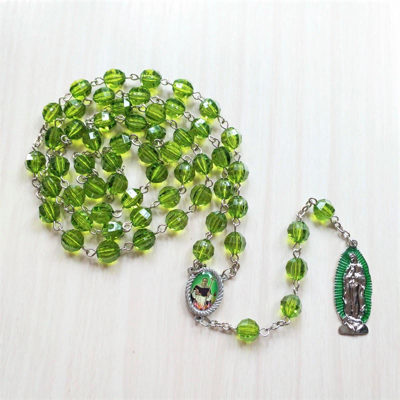 Christiandiscipleshop Saint Jude Thaddeus & Our Lady of Guadalupe of 8 mm Polyhedron Green Crystal Alloy Chain Rosary