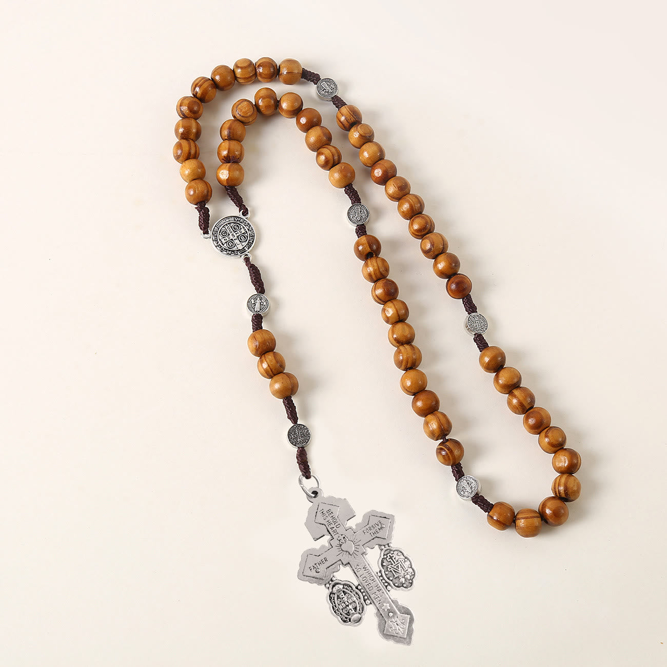 Christiandiscipleshop St. Benedict Medal & Pardon Crucifix of 10 mm Round Brown Wood Nylon Cord Rosary
