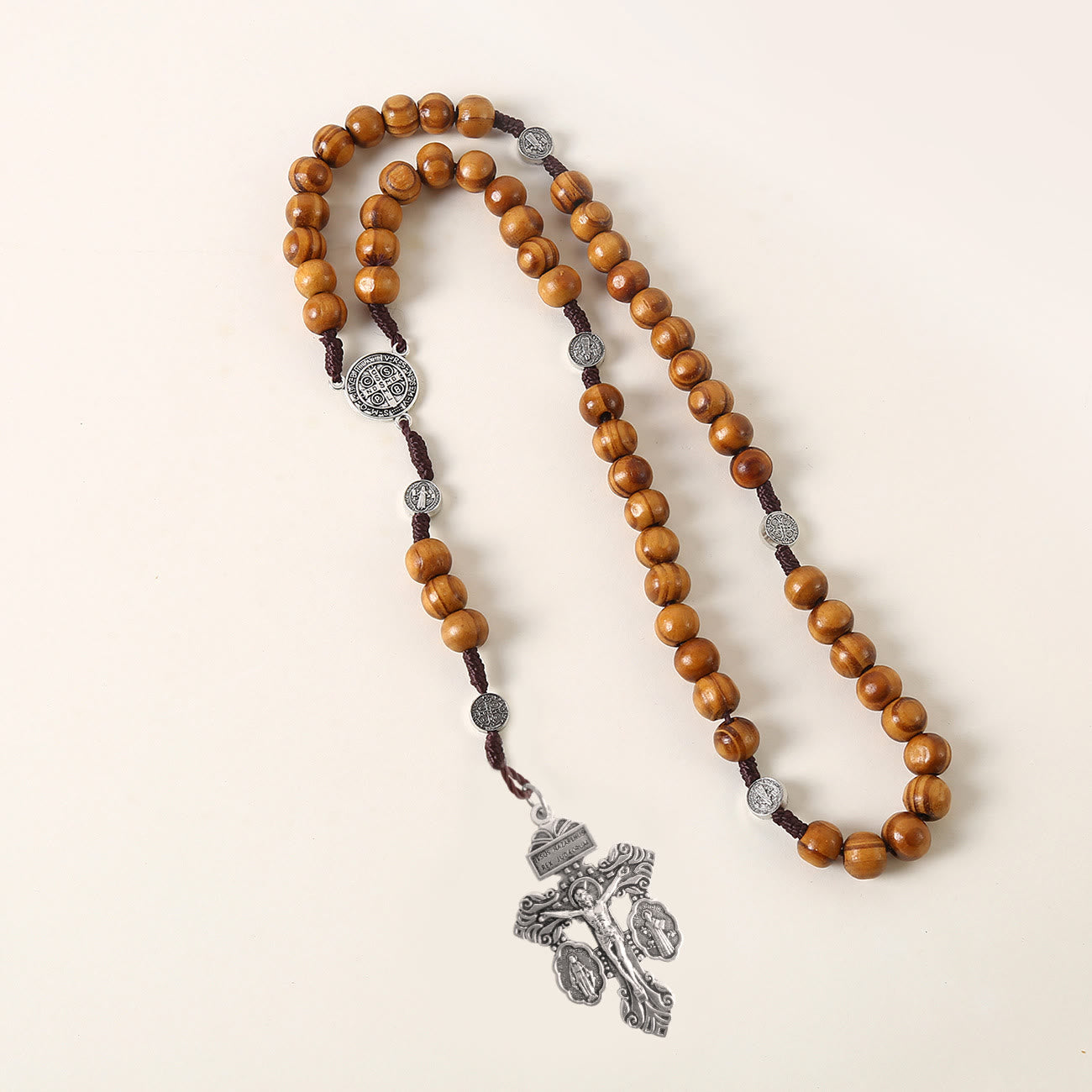 Christiandiscipleshop St. Benedict Medal & Pardon Crucifix of 10 mm Round Brown Wood Nylon Cord Rosary