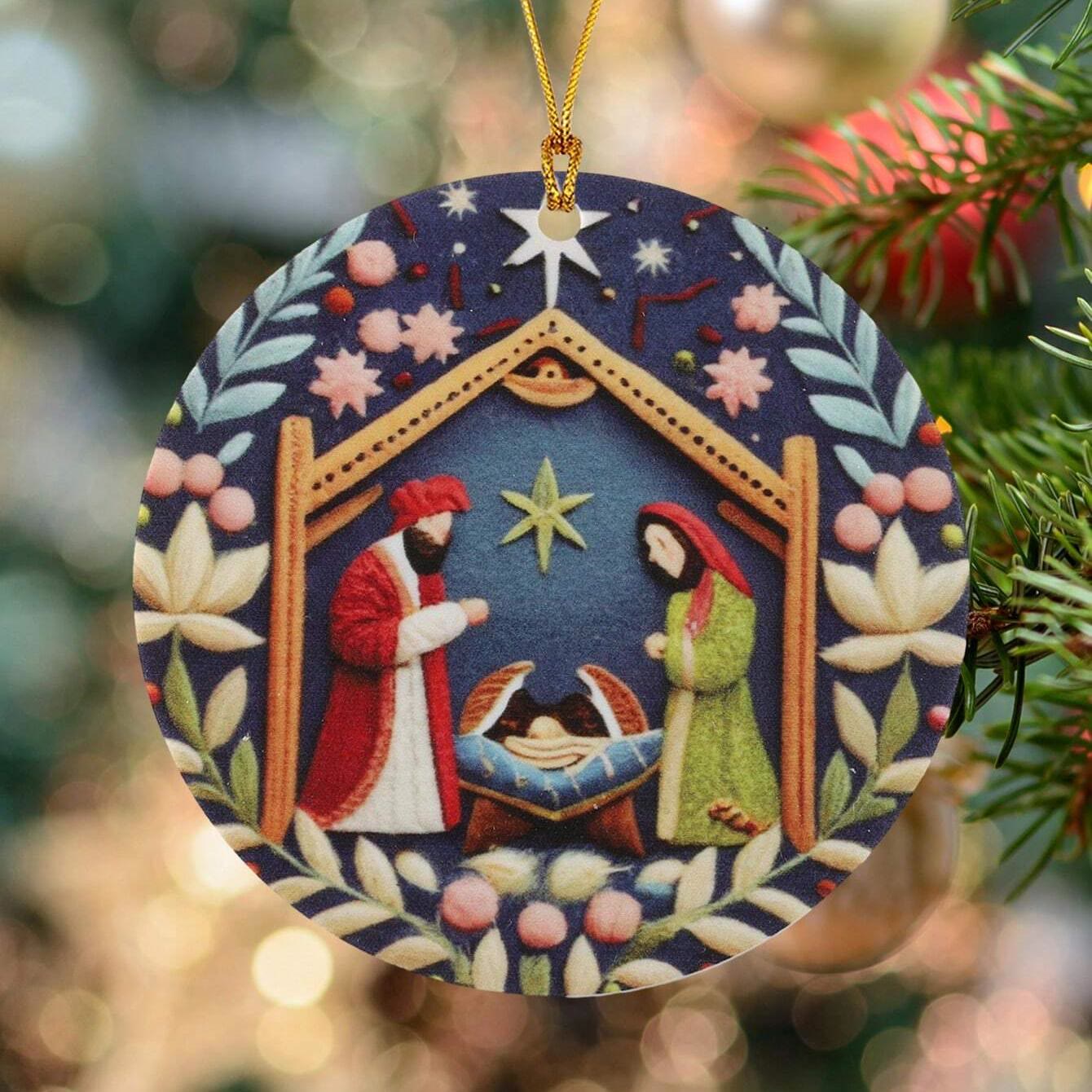 Christiandiscipleshop Colored Style Nativity Scene Floral Starry Night Acrylic Christmas Nativity Hanging Ornaments