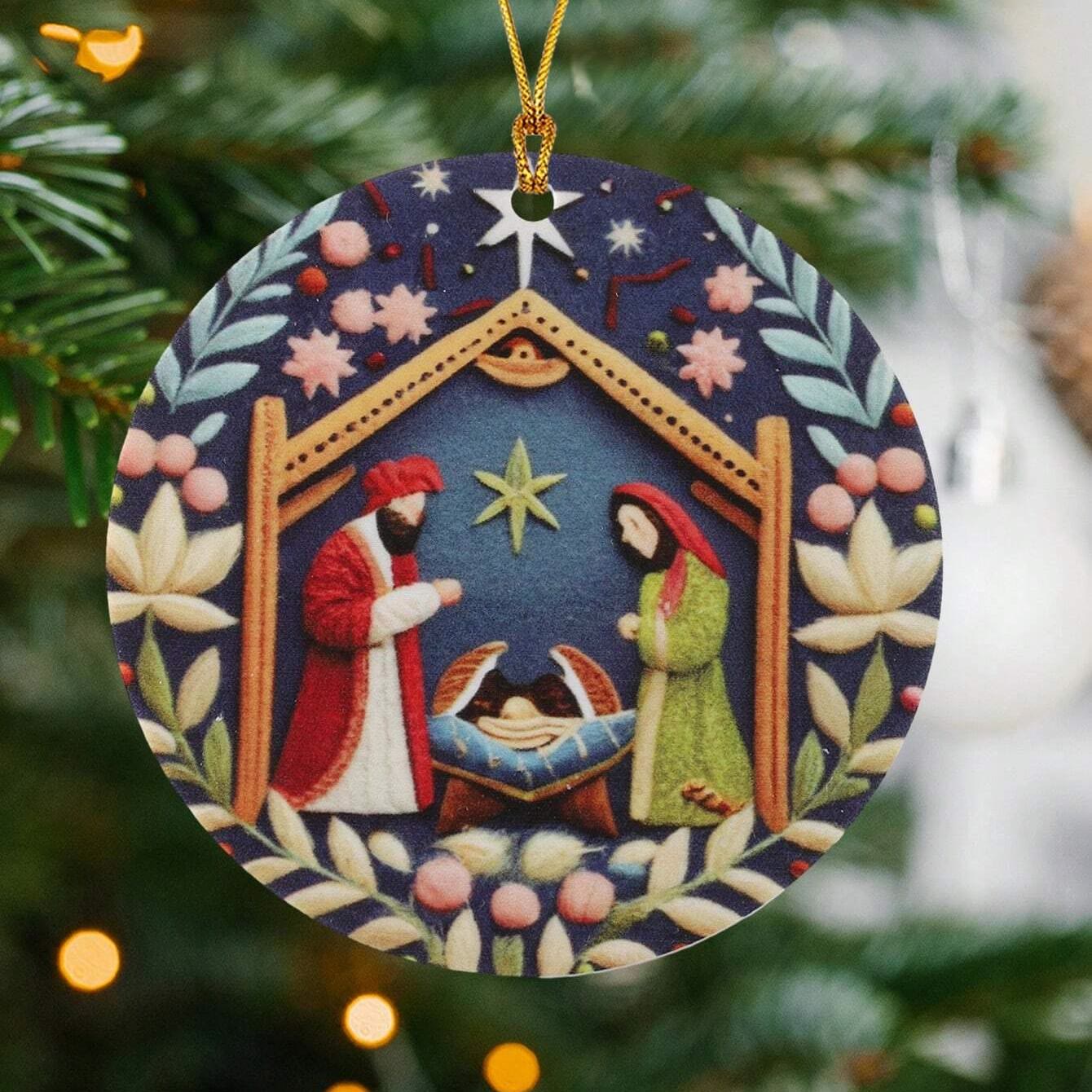 Christiandiscipleshop Colored Style Nativity Scene Floral Starry Night Acrylic Christmas Nativity Hanging Ornaments