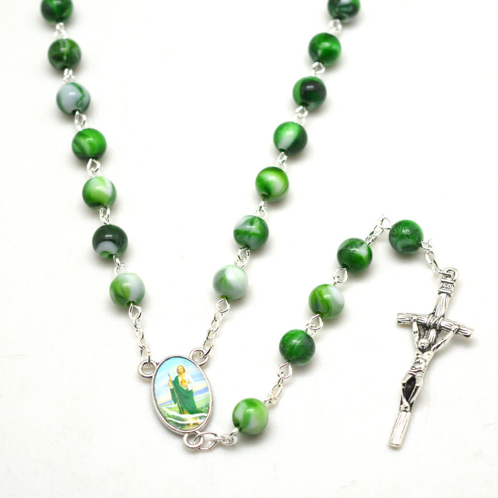 Christiandiscipleshop Saint Jude Thaddeus & Crucifix of 8 mm Round Green Acrylic Alloy Chain Rosary