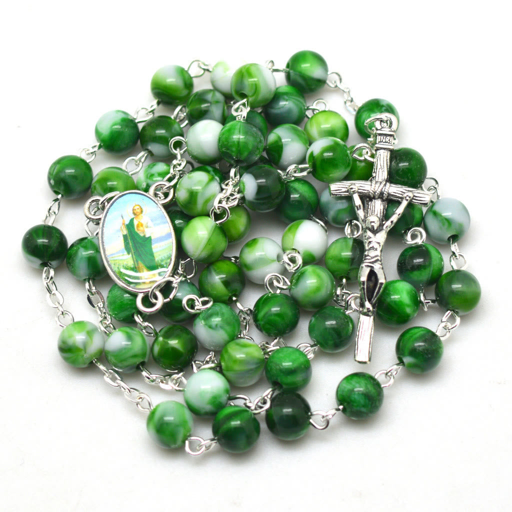 Christiandiscipleshop Saint Jude Thaddeus & Crucifix of 8 mm Round Green Acrylic Alloy Chain Rosary