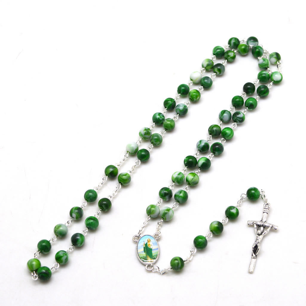 Christiandiscipleshop Saint Jude Thaddeus & Crucifix of 8 mm Round Green Acrylic Alloy Chain Rosary