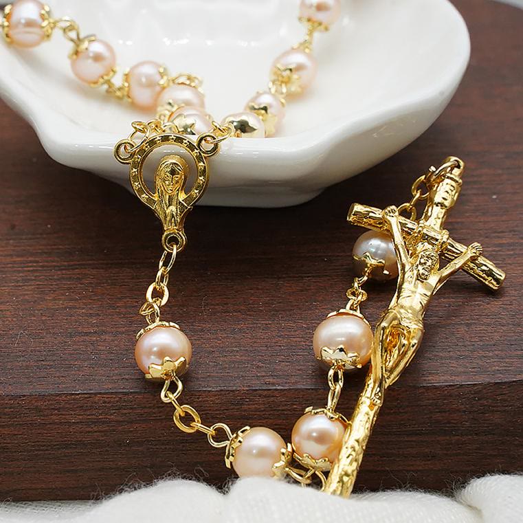 christiandiscipleshop Virgin Mary & Crucifix of 7*8 mm Round Champagne Pearl Alloy Chain Rosary