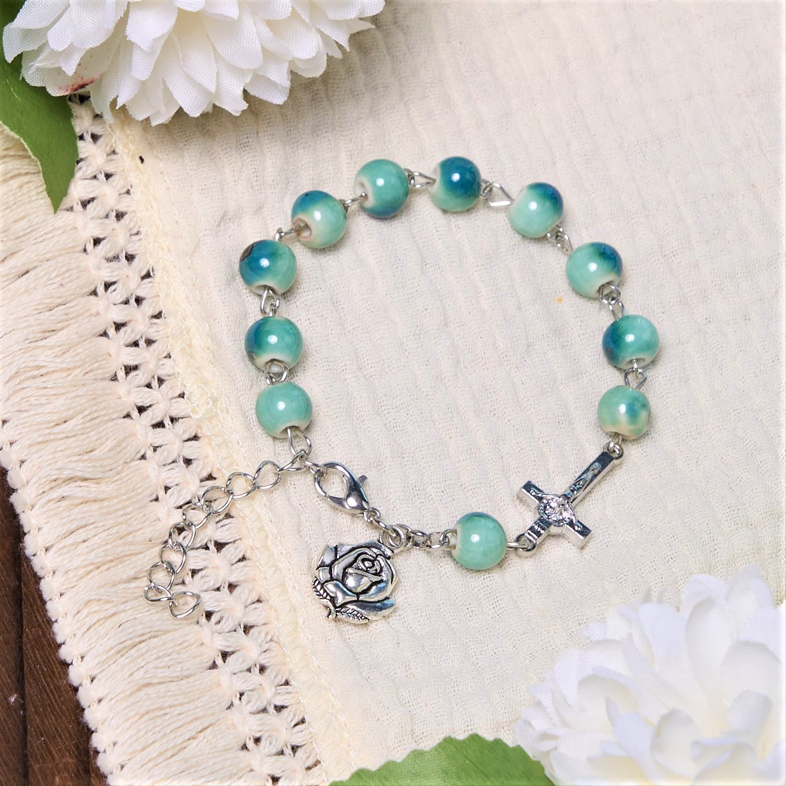 christiandiscipleshop Joyful Blossom Green Tone Ceramics Beads Rose & Crucifix Bracelet