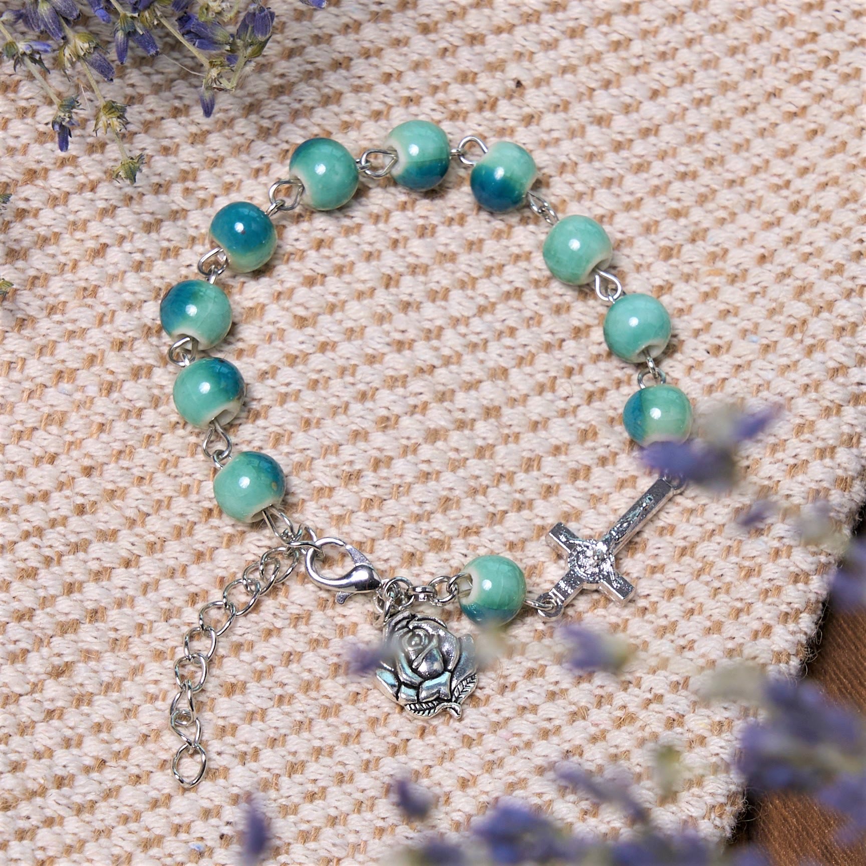 christiandiscipleshop Joyful Blossom Green Tone Ceramics Beads Rose & Crucifix Bracelet