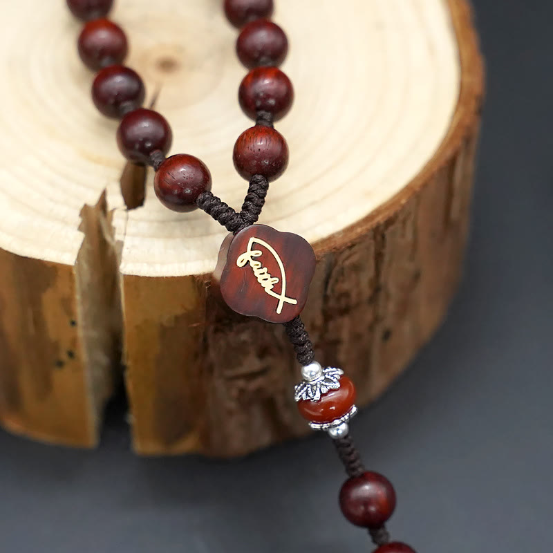christiandiscipleshop Jesus Cross of 8 mm Round Brown/Black Sandalwood Nylon Cord Rosary