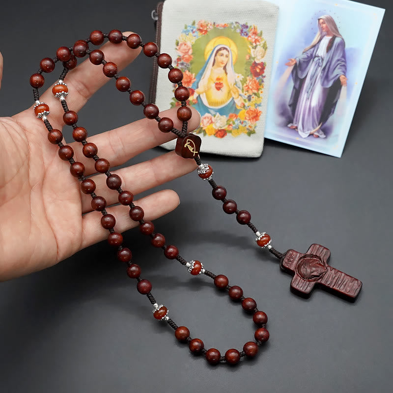 christiandiscipleshop Jesus Cross of 8 mm Round Brown/Black Sandalwood Nylon Cord Rosary