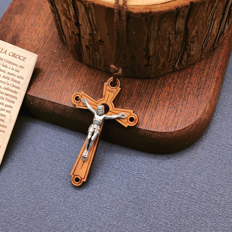 Christiandiscipleshop Classic Style Olive Wood Crucifix Devotion Blessed Pendant Necklace