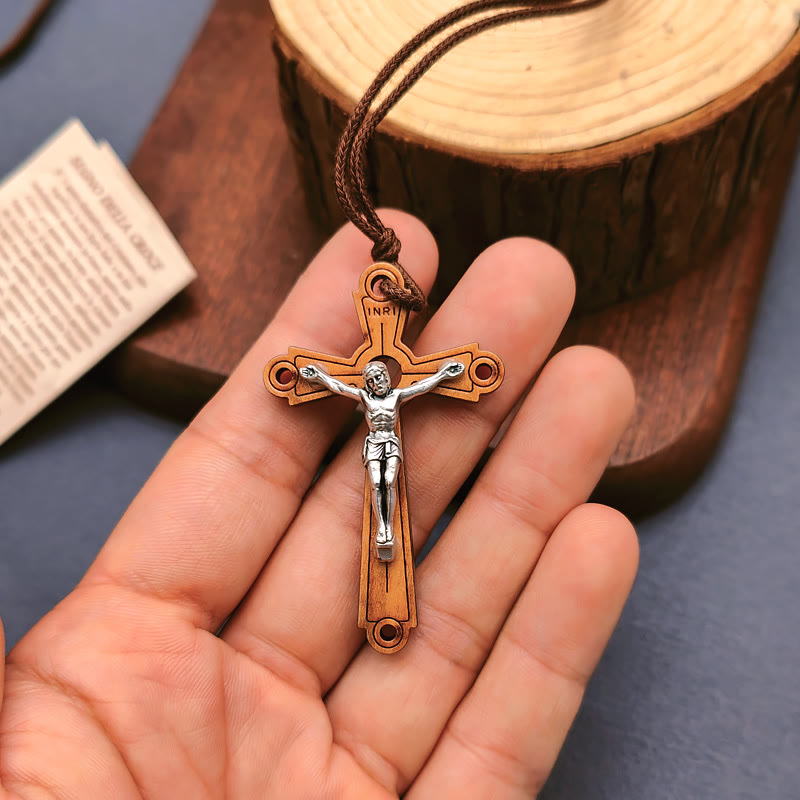 Christiandiscipleshop Classic Style Olive Wood Crucifix Devotion Blessed Pendant Necklace