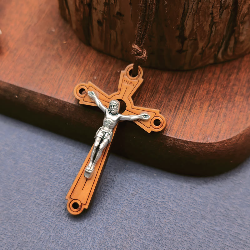 Christiandiscipleshop Classic Style Olive Wood Crucifix Devotion Blessed Pendant Necklace