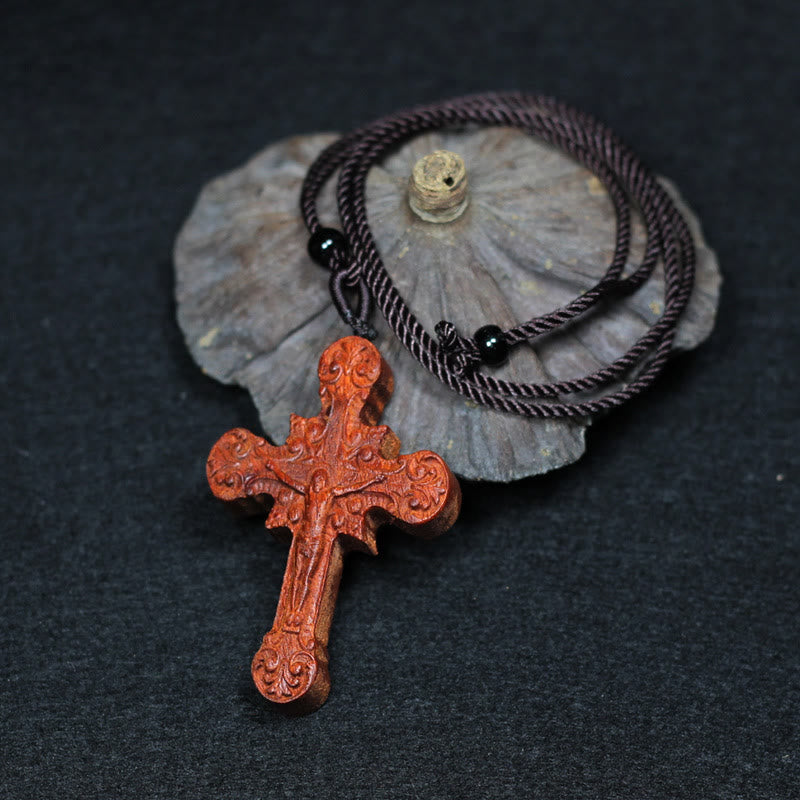 Christiandiscipleshop Classic Style Crucifix Sacred Protection Scrollwork Rosewood Pendant Necklace