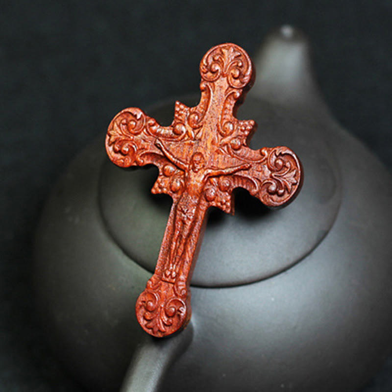 Christiandiscipleshop Classic Style Crucifix Sacred Protection Scrollwork Rosewood Pendant Necklace