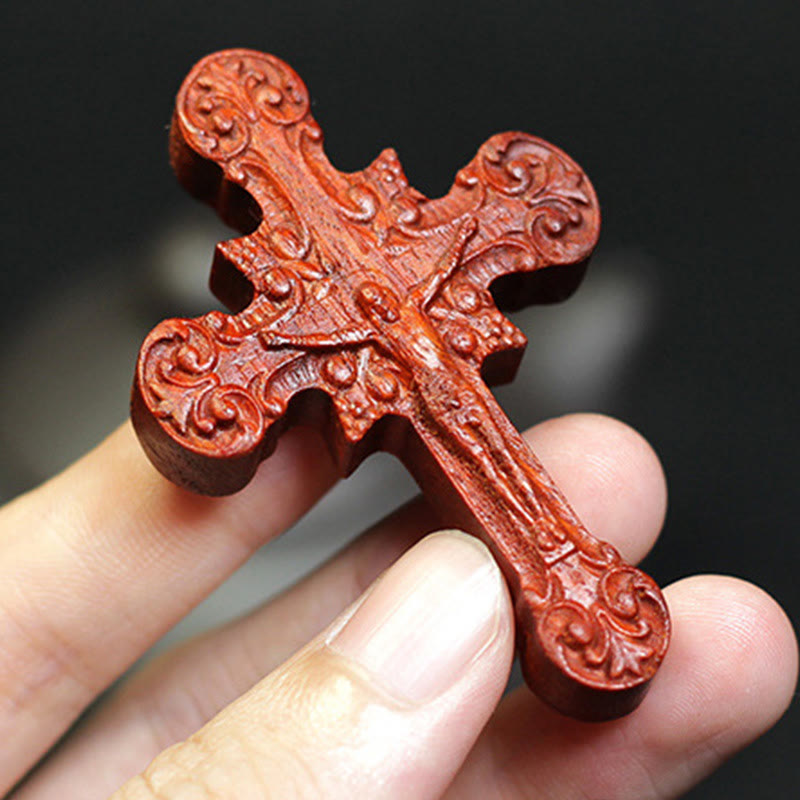 Christiandiscipleshop Classic Style Crucifix Sacred Protection Scrollwork Rosewood Pendant Necklace