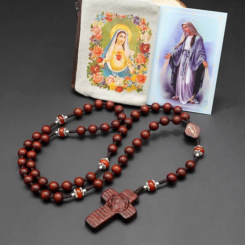 christiandiscipleshop Jesus Cross of 8 mm Round Brown/Black Sandalwood Nylon Cord Rosary