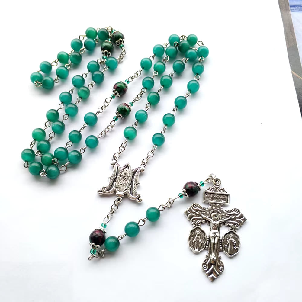 christiandiscipleshop Miraculous Medal & St. Benedict Medal & Crucifix of 8 mm Round Green Cat's Eye Stone Alloy Chain Rosary