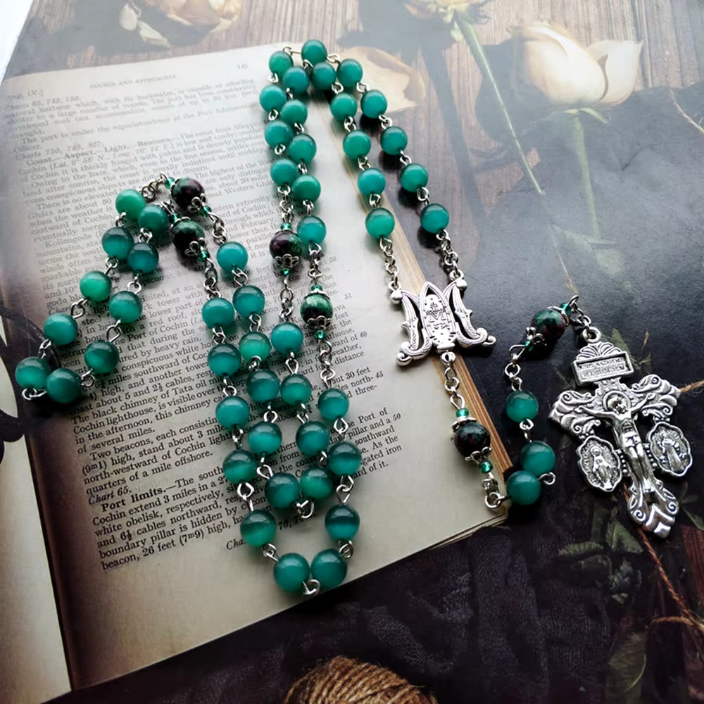 christiandiscipleshop Miraculous Medal & St. Benedict Medal & Crucifix of 8 mm Round Green Cat's Eye Stone Alloy Chain Rosary